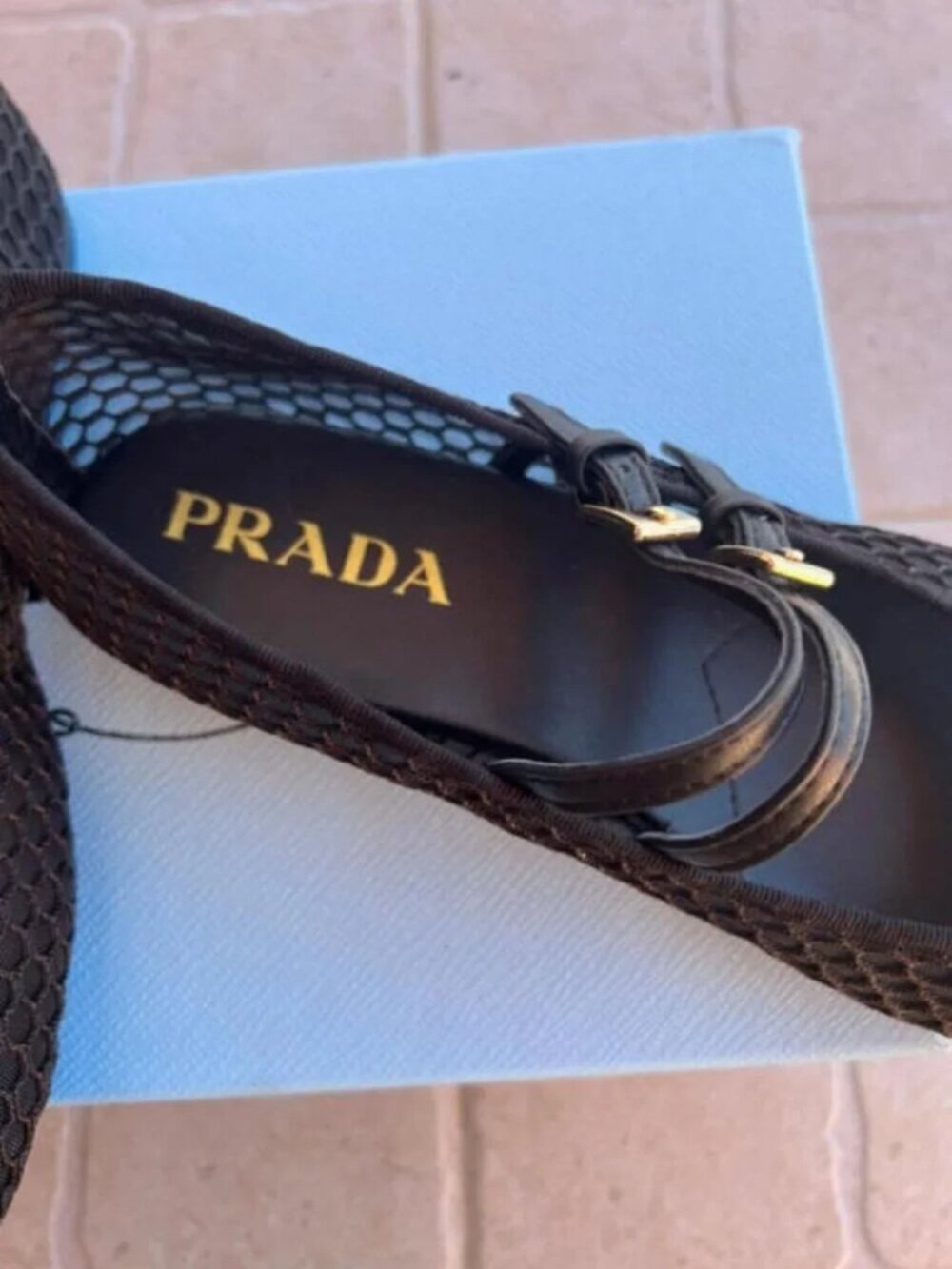 New Prada Mesh Mary Jane Flats with Triangle Logo - Black - Picture 3 of 4